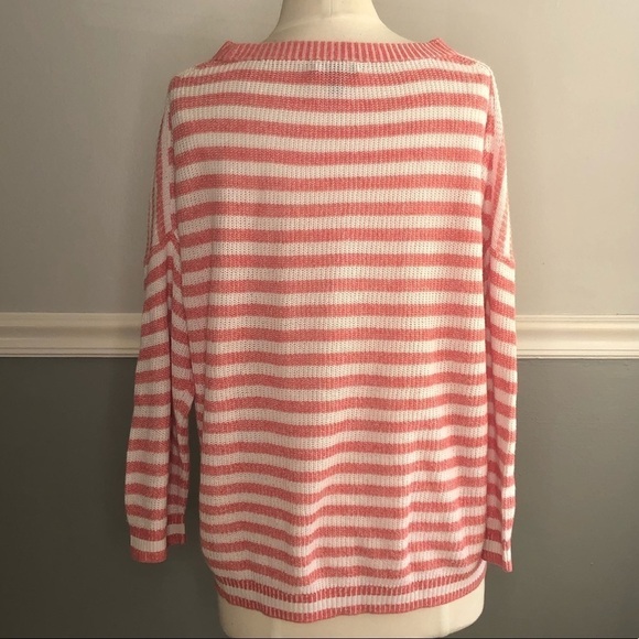 J. Crew Coral Pink/White Striped Crew Neck Dolman 3/4 Sleeve Sweater, Medium - Picture 4 of 8